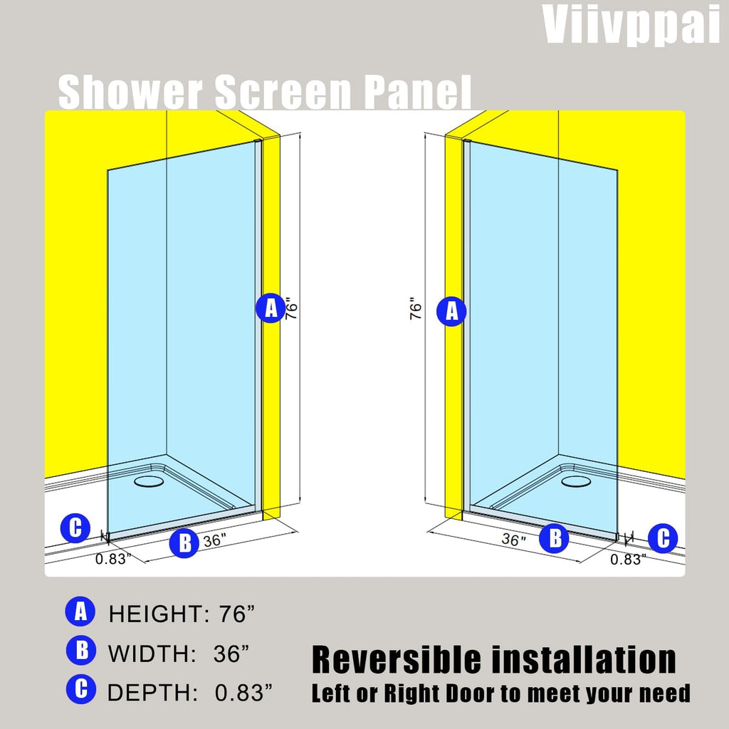 Shower Screen 36' x 76' Half Frameless Shower Wall Panel, Tempered Glass 3/8 inch, Easy to clean Coating, Fixed Glass Shower Door with Hardware (Brushed Gold)