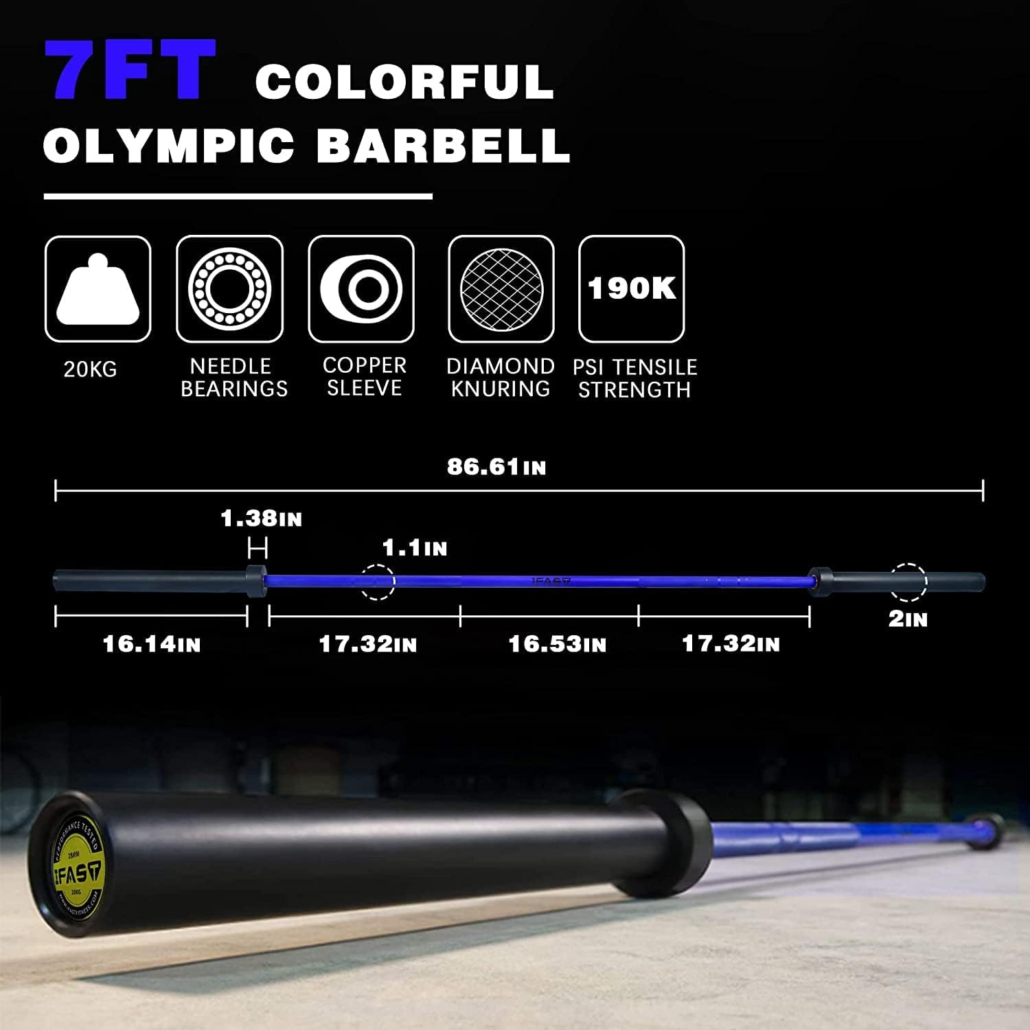IFAST Olympic Barbell Bar 4FT Solid Chrome Barbell with Bearing, Home Gym 2' Weightlifting Bar, Weight Capacity (7.2FT Cerakote Blue, 1200LB Capacity (44lbs))