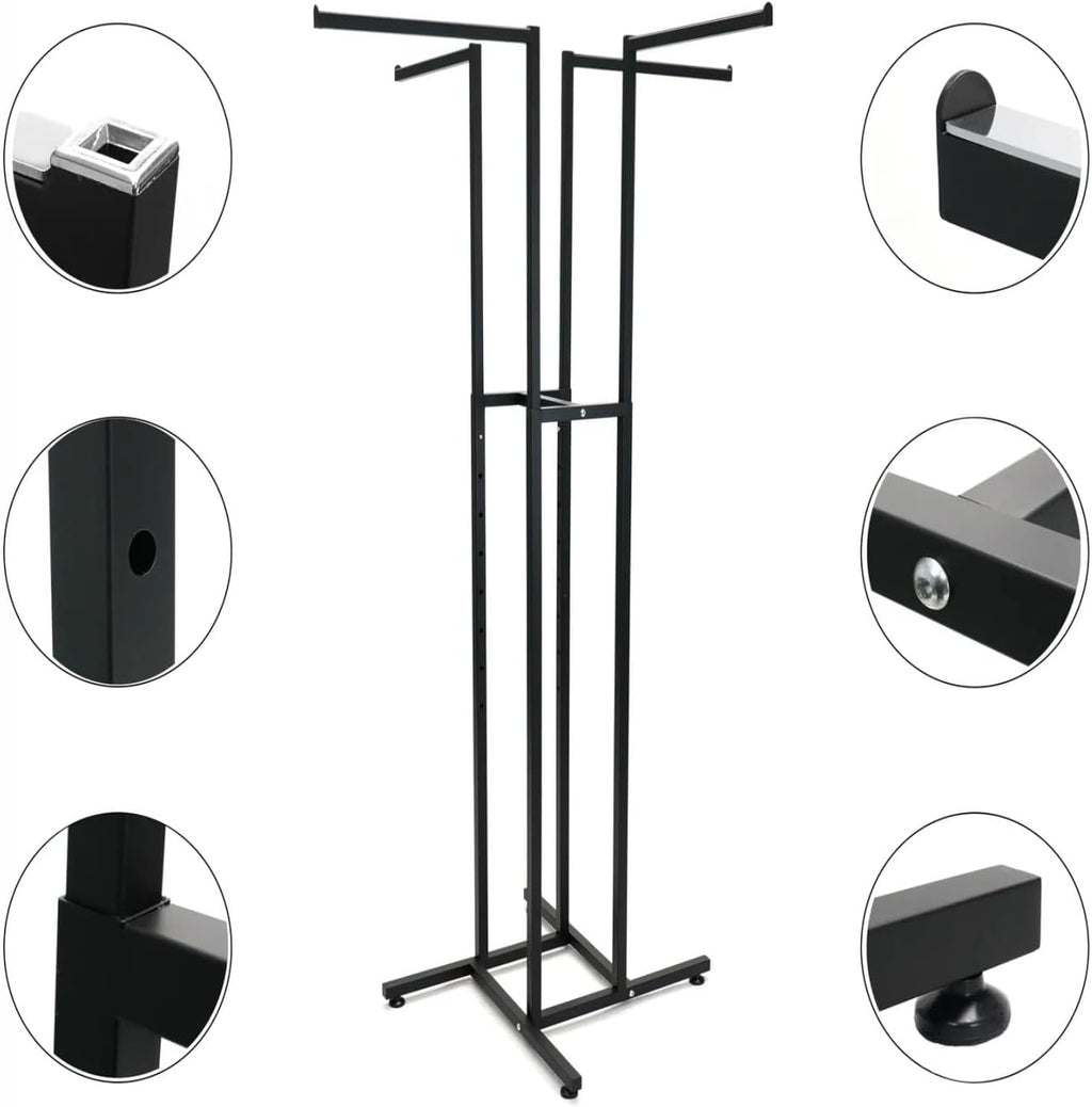 4 Way Heavy Duty Clothes Rack with Straight Arms Black Retail Clothing Rack Square Tubing Adjustable Height Garment Rack Perfect for Clothing Store Display