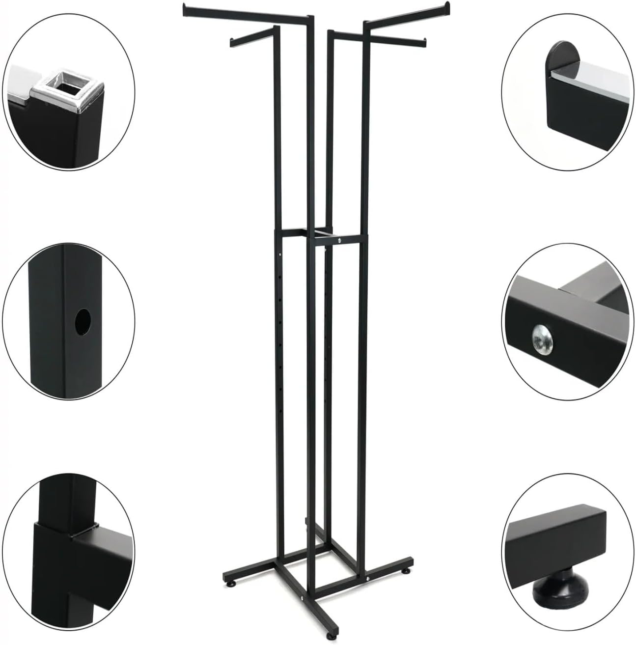 4 Way Heavy Duty Clothes Rack with Straight Arms Black Retail Clothing Rack Square Tubing Adjustable Height Garment Rack Perfect for Clothing Store Display