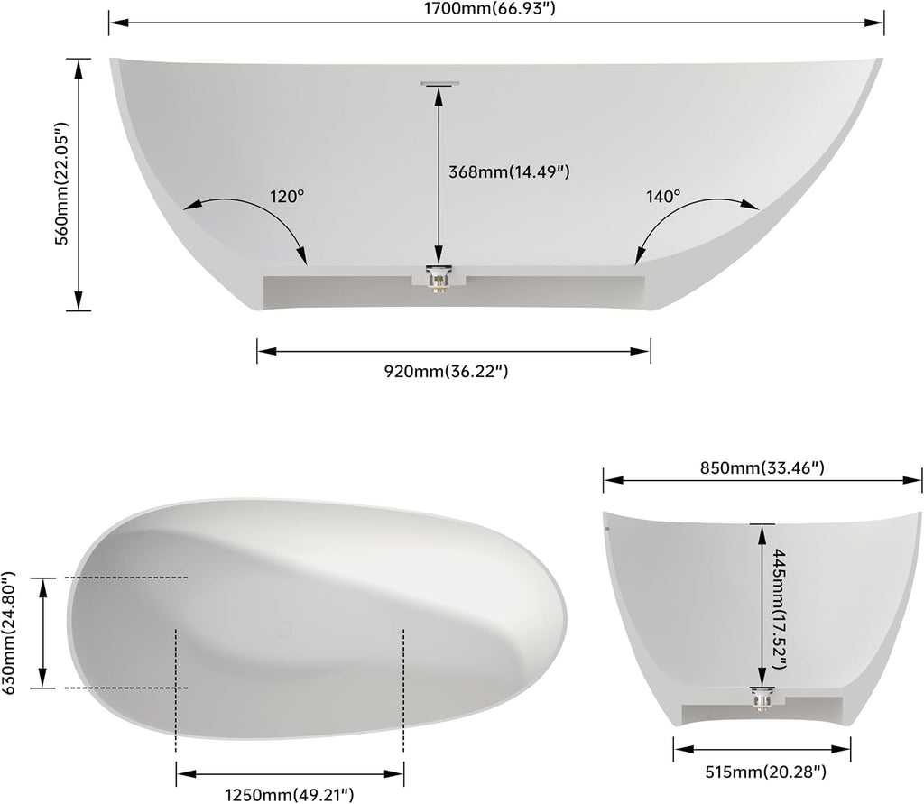 67' Upgraded Solid Surface Freestanding Bathtub,Oval Shape Stone Resin Soaking Tubs with Pop-up Drain and Overflow, Matte White