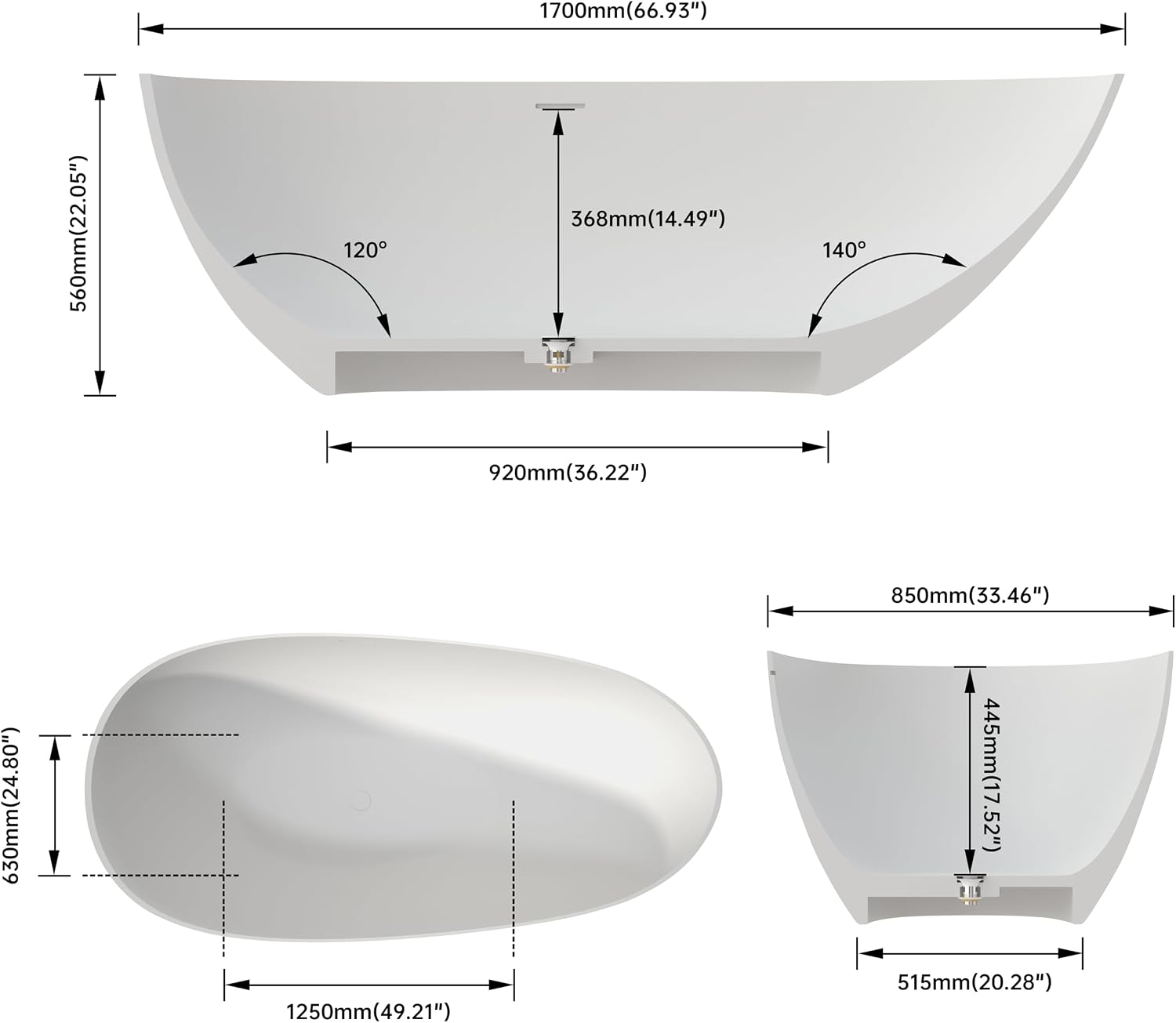 67' Upgraded Solid Surface Freestanding Bathtub,Oval Shape Stone Resin Soaking Tubs with Pop-up Drain and Overflow, Matte White