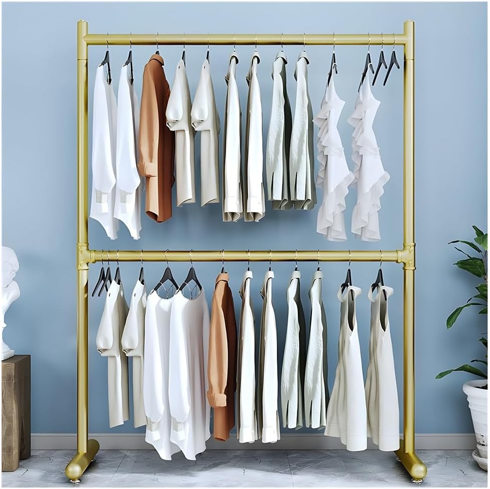 Floor-Standing Clothing Display Hanger, Industrial Pipe Garment Rack, Heavy Duty Metal Clothes Organizer, for Hanging Clothes Boutiques (Gold 80x40x180 cm)