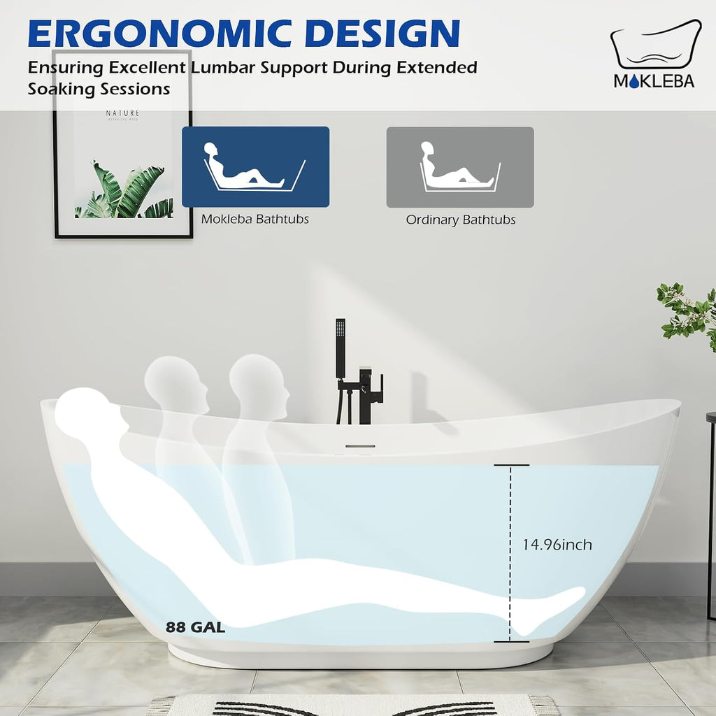 62' Lucite Acrylic Freestanding Bathtub, Double Slipper Shape Contemporary Soaking Tub with Toe-tap Chrome Drain, Slotted Overflow, cUPC Certified, Glossy White