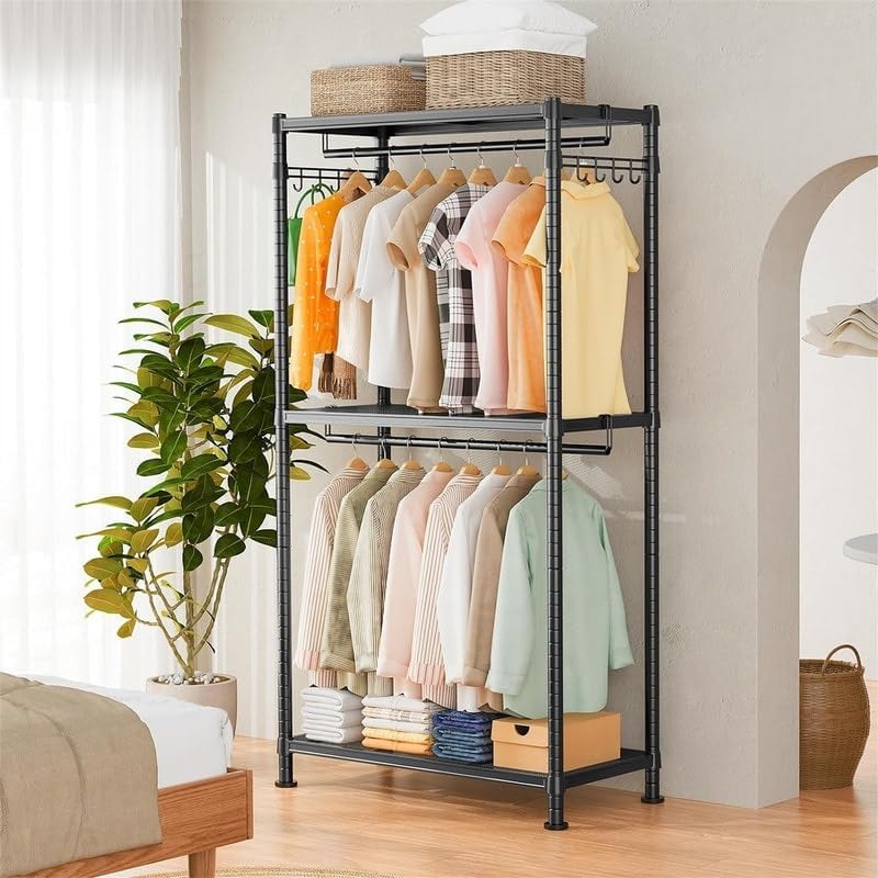Garment Rack Hanging Clothes Heavy Duty 17.7' d X 29.1' w 72.84' h Black Metal Finish Adjustable Shelving