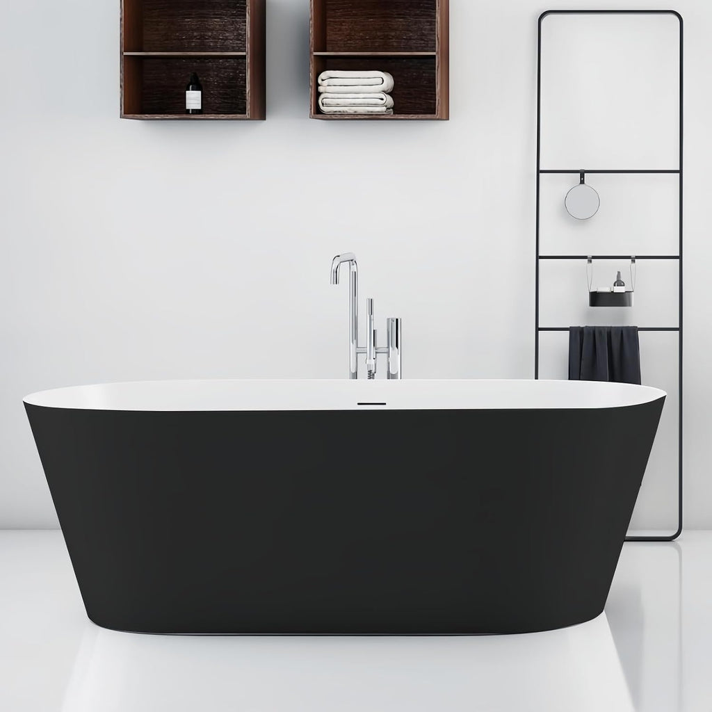 67' Edeyeu Freestanding Bathtub – Color Solid Surface Bathtub With Modern Finish, Extra Deep Soaking Tub, Luxury Stand Alone Free Standing Tub For Contemporary Bathroom Design Black