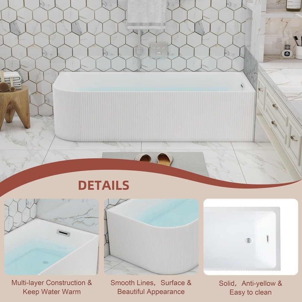 59 inch Corner Wave Style Right Drain Freestanding Soaking Bathtub, Modern Stand Alone Free Standing Acrylic Tub with Right Hand Drain & Overflow, Glossy White