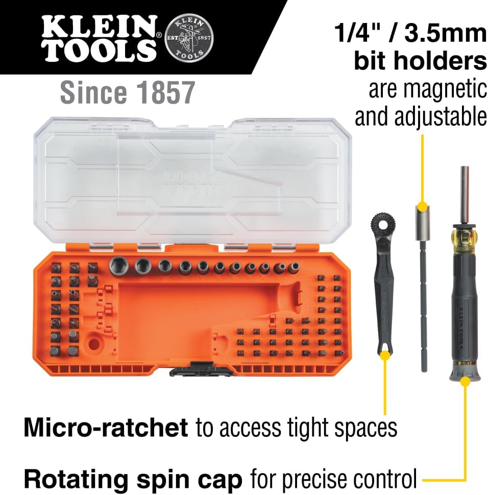 Klein Tools 64-Piece Micro-Ratchet Precision Driver Set with Case and 6-Piece Ratcheting Impact Rated Hollow Nut Driver Set