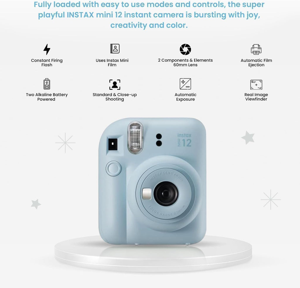 FUJIFILM INSTAX Mini 12 Holiday Bundle 2025 | with Extra Instax Mini Film + 4 Pk AA Batteries & Sunshine Photo Microfiber Cleaning Cloth (10 Items) (80 Sheets, Pastel Blue)