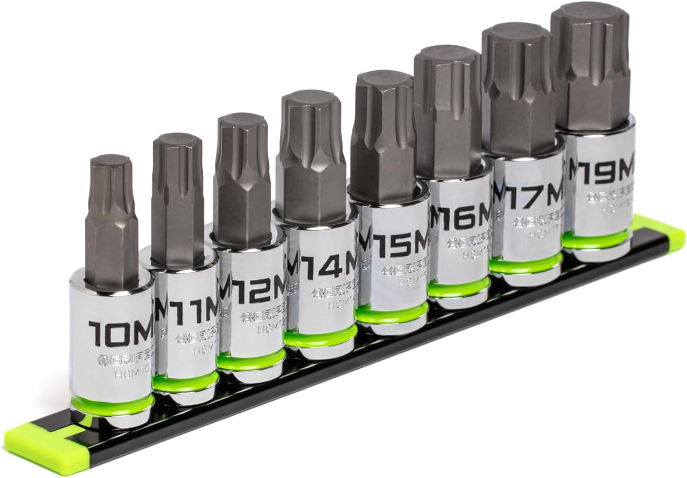 GRIPEDGE HEX Bit Socket Set | 8-PC - 1/2'' Drive Metric RPT Hex Driver Set | Sizes 10, 11, 12, 14, 15, 16, 17, 19 MM | Made With S2 Steel | Includes Premium Aluminum Storage Rail |