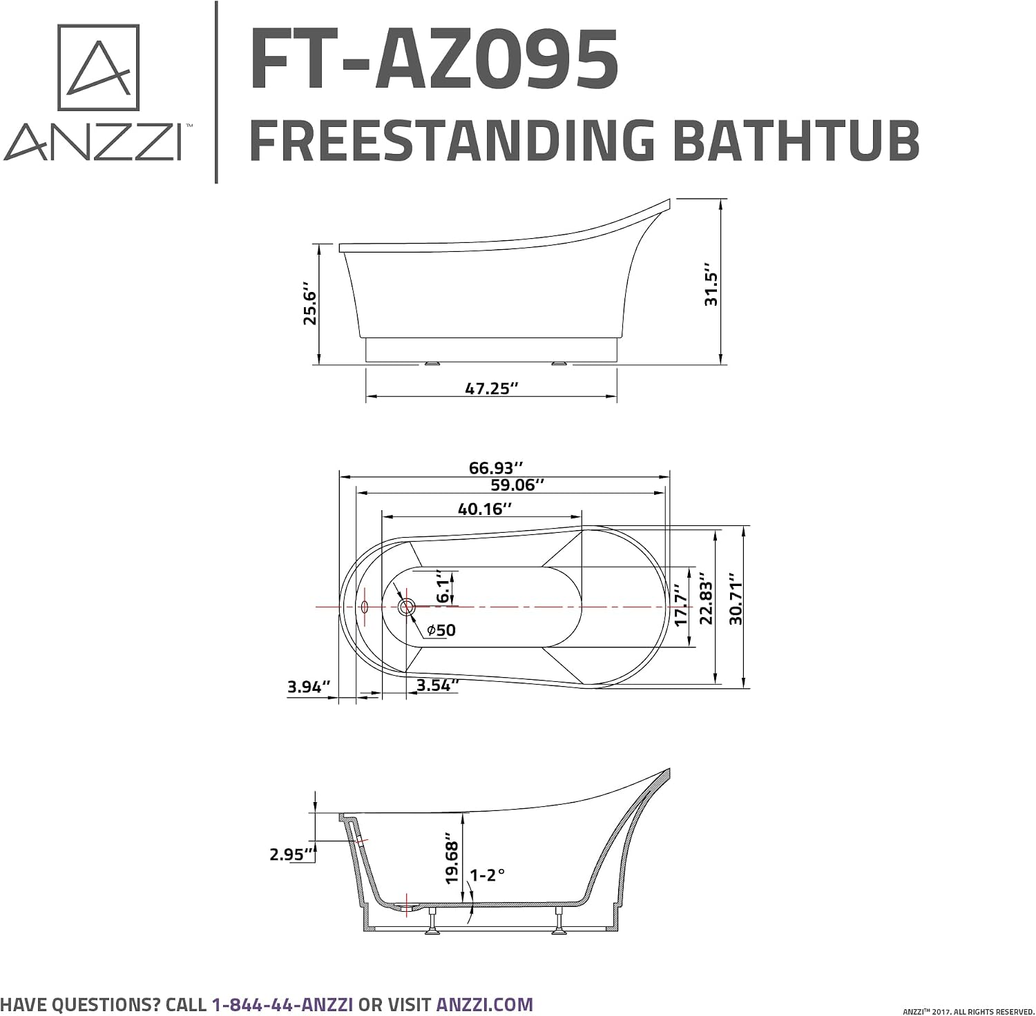 ANZZI Freestanding Bathtub Acrylic 67 In Flat Bottom Glossy White Prima Series One Piece Soaking Tub Modern Oval Design Center Drain Solid Surface Reinforced Construction Sleek Style | FT-AZ095