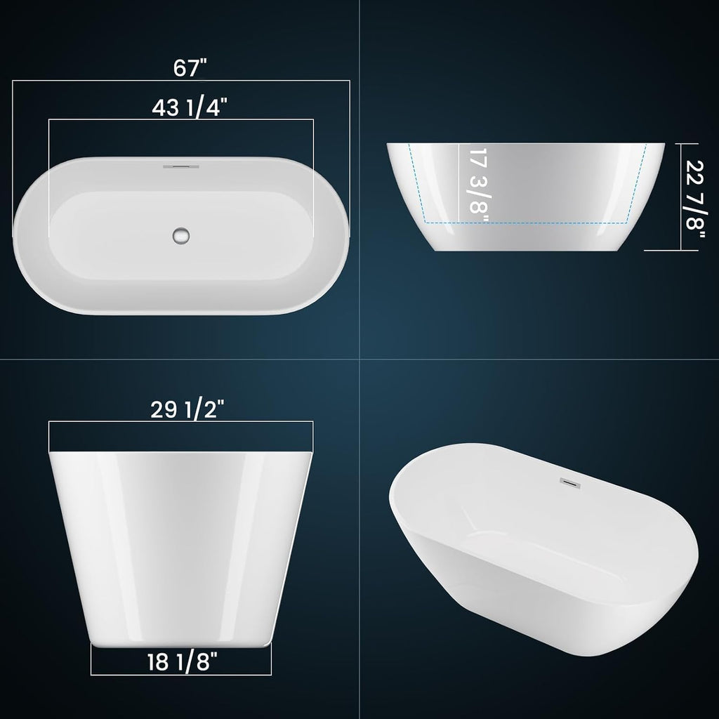 67 Inch Acrylic Freestanding Bathtub, Acrylic Soaking Bathtub with Matte Drain and Overflow, Deep Ergonomic Tub with Double-Walled Insulation, CUPC Certified, Modern Square Design