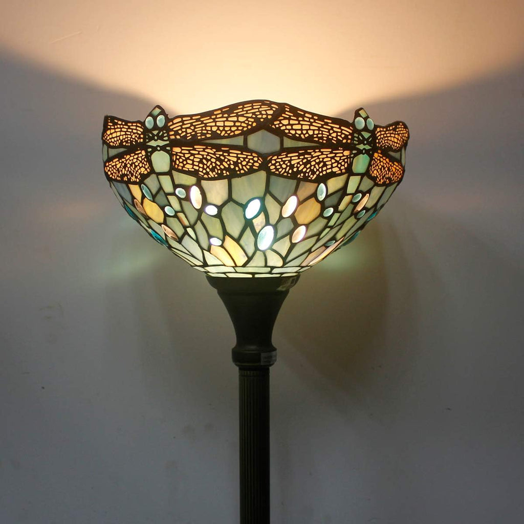 WERFACTORY Tiffany Floor Lamp Sea Blue Stained Glass Dragonfly Light 12X12X71 Inches Pole Torchiere Standing Corner Torch Uplight Decor Bedroom Living Room Home Office S147 Series