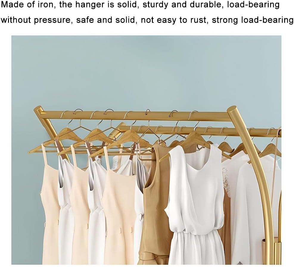 Floor Standing Retail Metal Clothing Rack, Heavy Duty Double-Rod Movable Clothing Shelf, Multifunctional Standing Rolling Garment Rack, for Shopping Mall Clothing Store (Gold b)