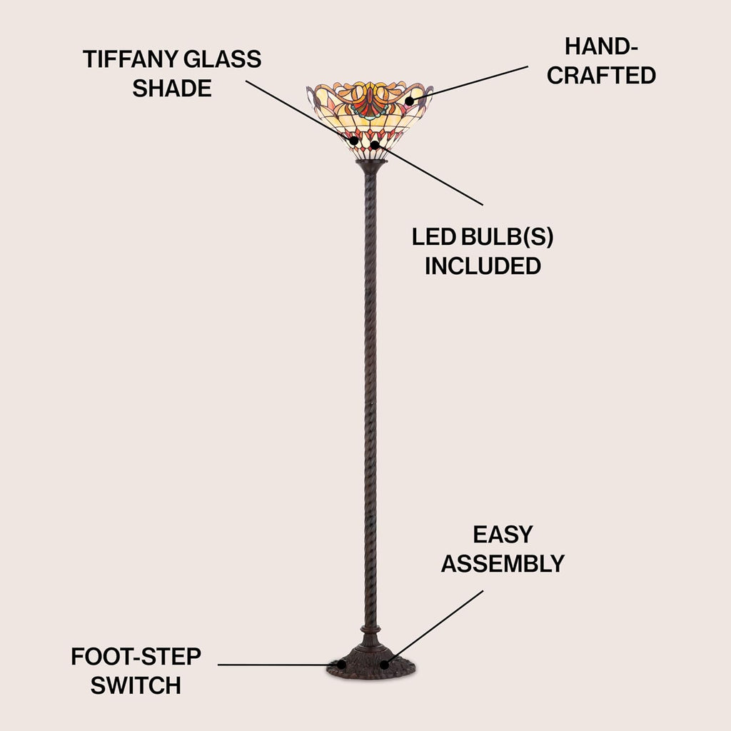 JONATHAN Y 70' Bronze Tiffany-Style Stained Glass Torchiere LED Floor Lamp, Traditional Handcrafted Iron Standing Light with Foot-Step Switch, LED Bulb Included JYL8003A