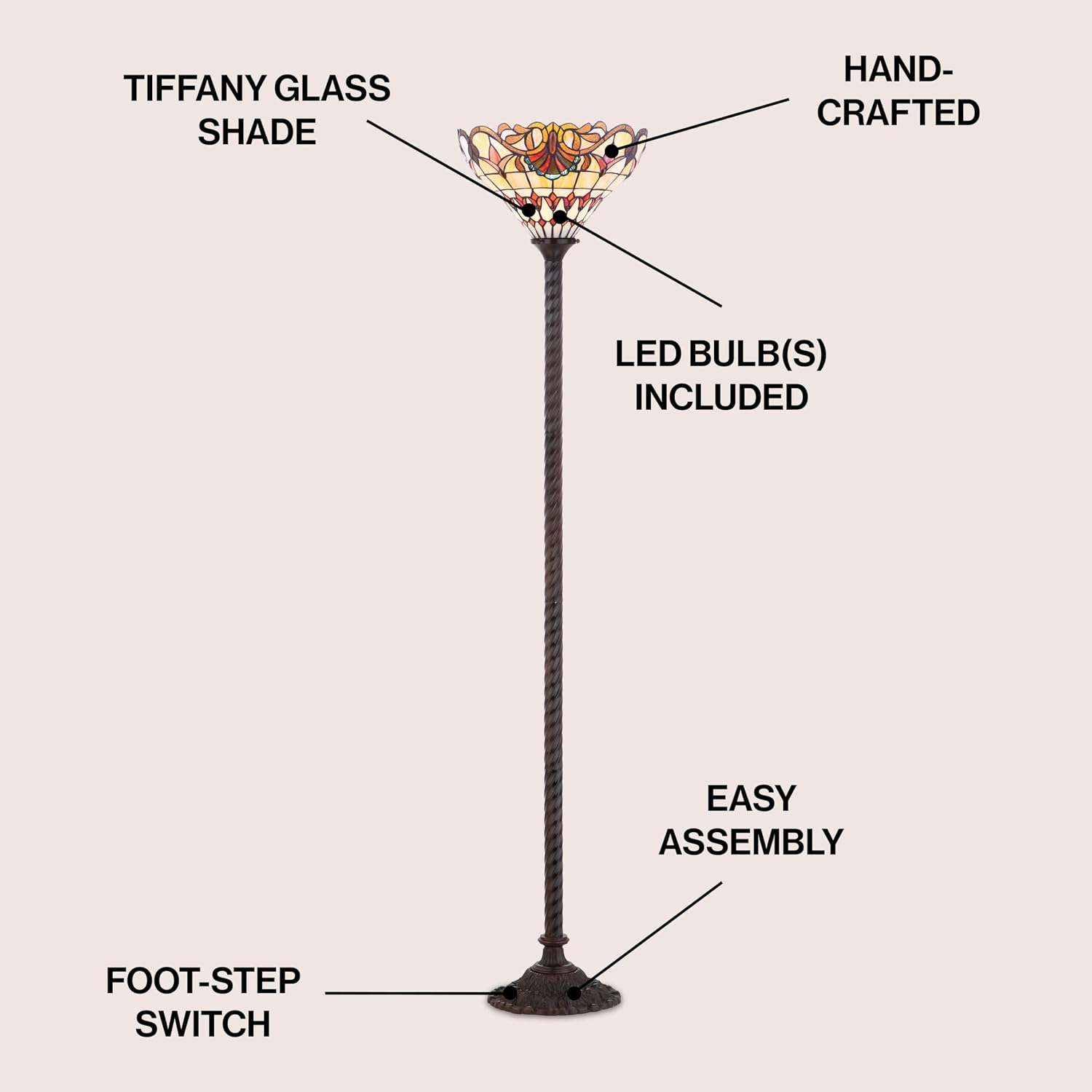 JONATHAN Y 70' Bronze Tiffany-Style Stained Glass Torchiere LED Floor Lamp, Traditional Handcrafted Iron Standing Light with Foot-Step Switch, LED Bulb Included JYL8003A