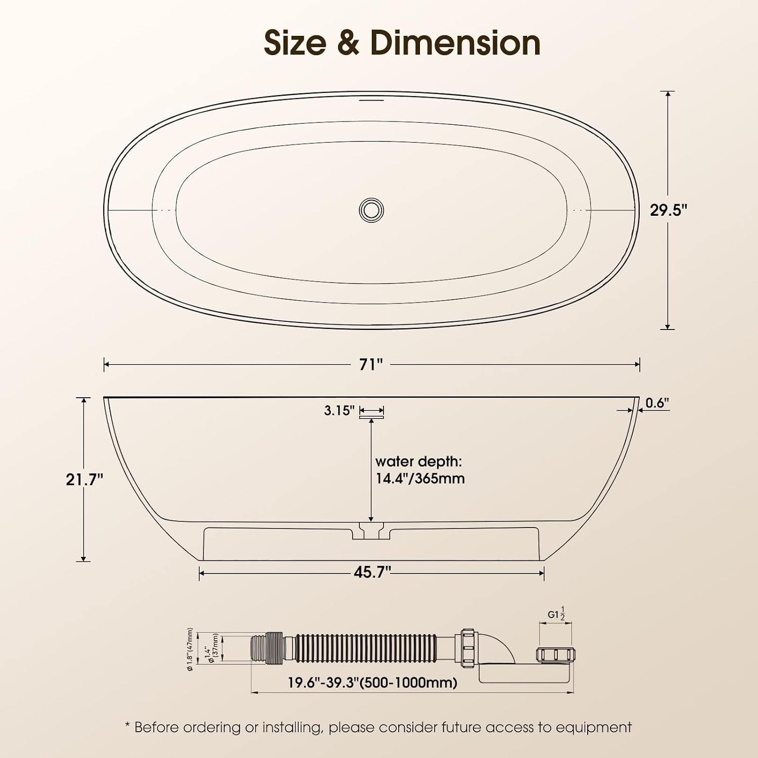 71' Stone Resin Freestanding Soaking Tub, Modern Oval Solid Surface Bathtub with with Overflow & Pop-up Drain, 14.4 Inch Soaking Depth Luxury Soaking Tub, Matte White,71'L x 31.5'W x 22'H