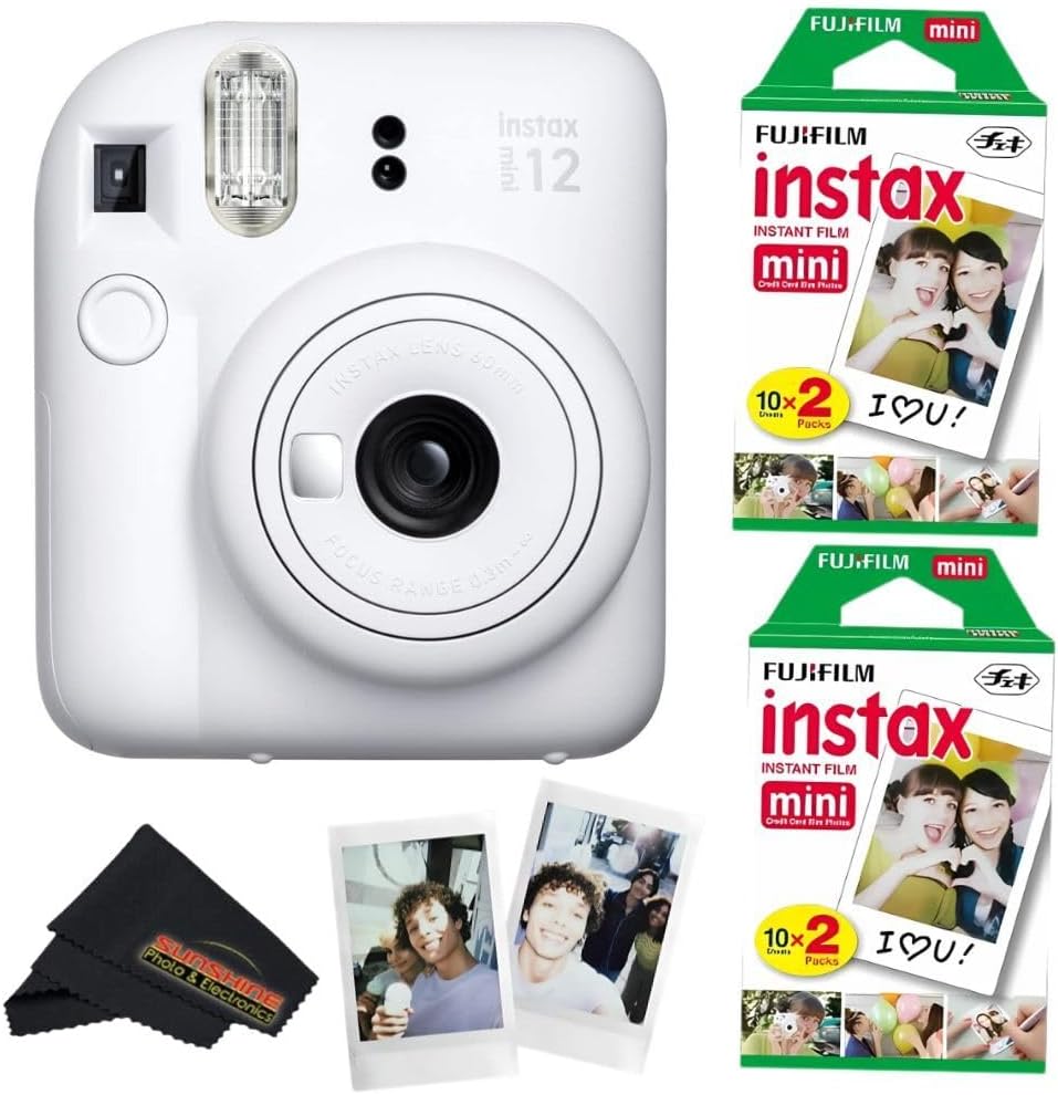 Fujifilm Instax Mini 12 Camera (Clay White) with Fujifilm Instant Mini Film (40 Sheets) Bundle with + Sunshine Photo Microfiber Cleaning Cloth