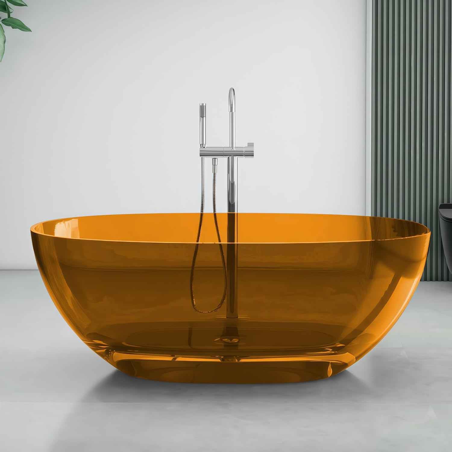 63' Edeyeu Freestanding Bathtub - Luxury Natural Resin Solid Surface Bathtub, Crystal Translucent Extra Deep Soaking Tub, High-End Stand Alone Free Standing Tub For Modern Bathroom Design Orange A
