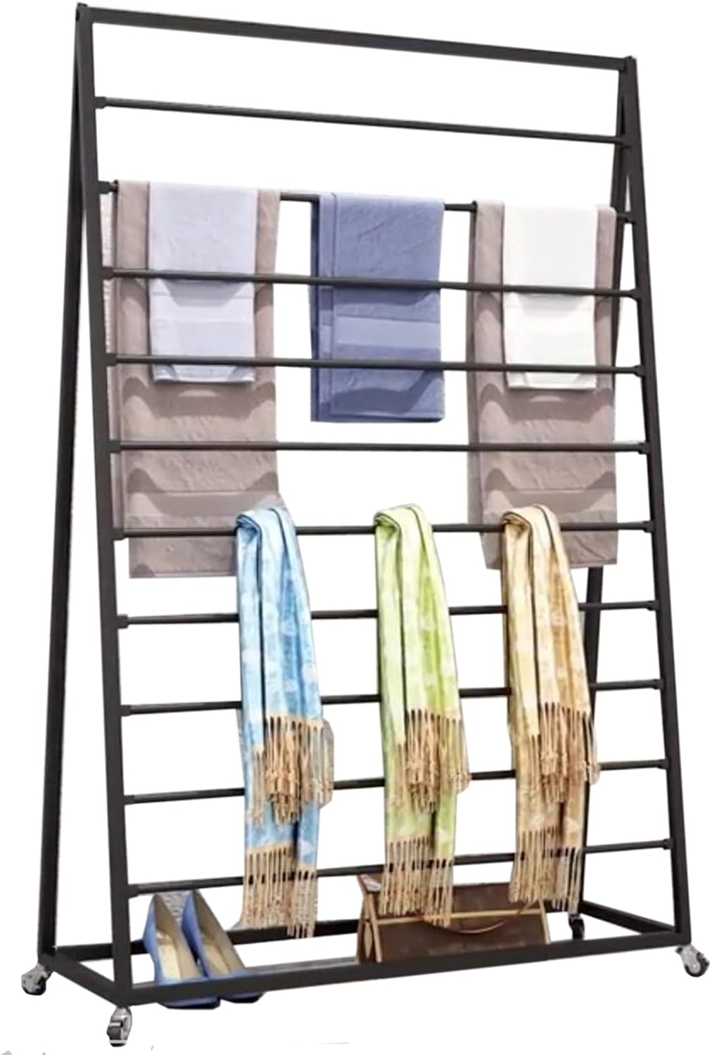 Rolling Scarf Rack Display Stand on Wheels, Floor Standing Metal Scarf Multi-Purpose Holder Organizer for Shawl/Belts/Ties/Pants/Cloths, Large Capacity (Black)