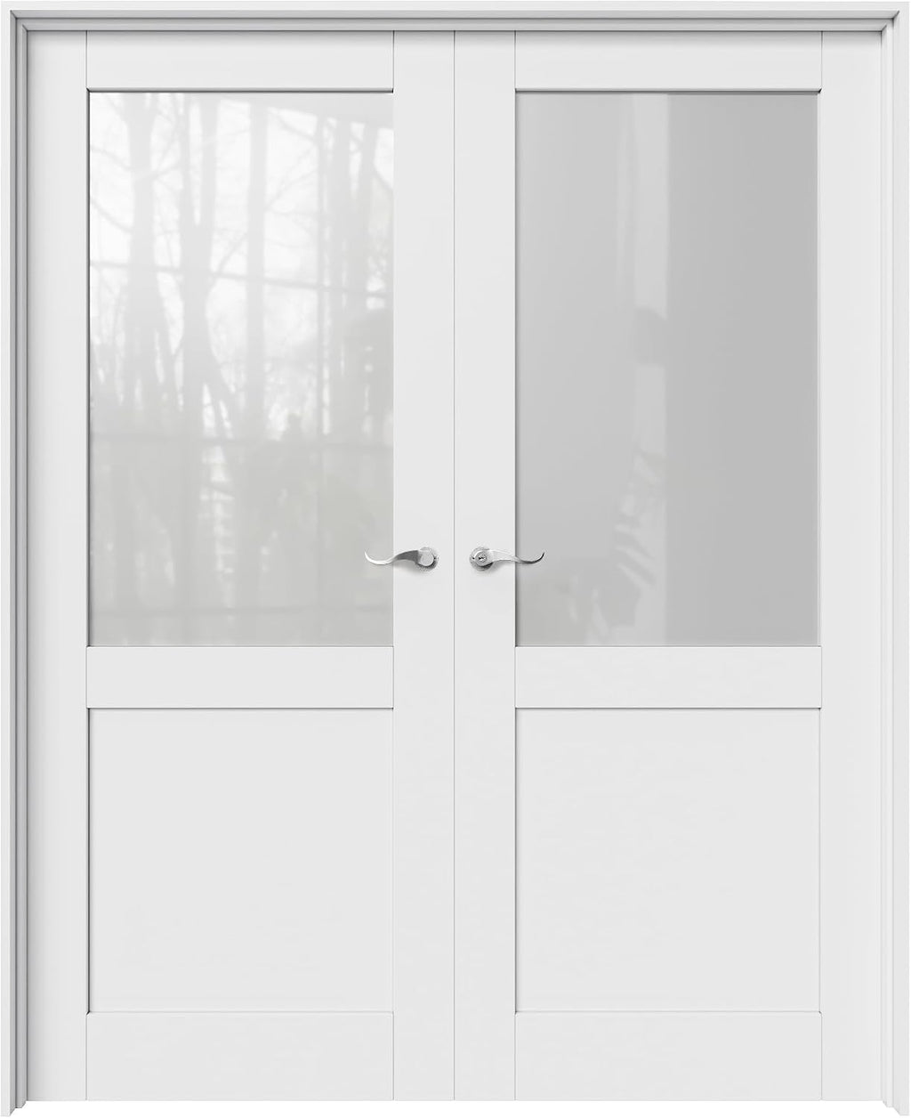64' x 80' French Doors Interior (Double 32' x 80' Half Frosted Glass Door with Silver Hinge Prehung Jamb Kit), Pre-Finished & Paintable, Prebuilt Home Door Slabs & Assembly Required Jamb