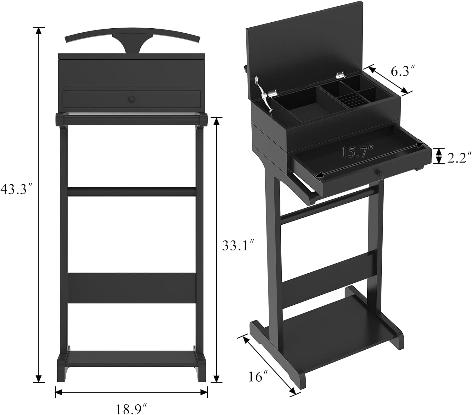 Brefhome Luxury Mens Valet Stand with Storage Drawer & Jewelry Tray, Executive Wooden Clothes Rack for Men Women, Garment Organizer for Suit, Tie, Pant, Watch & Phone, Black (Box + Drawer)
