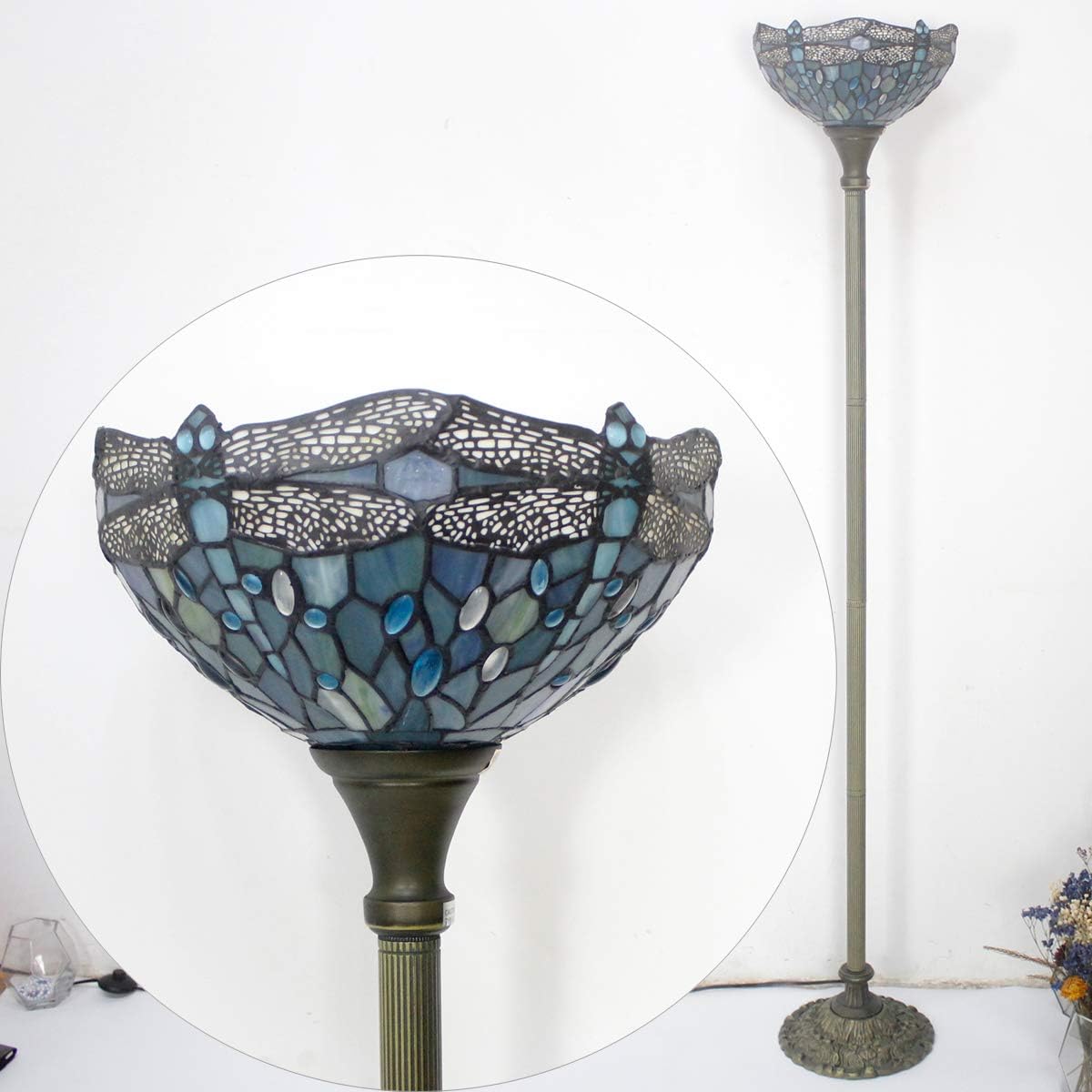 WERFACTORY Tiffany Floor Lamp Sea Blue Stained Glass Dragonfly Light 12X12X71 Inches Pole Torchiere Standing Corner Torch Uplight Decor Bedroom Living Room Home Office S147 Series