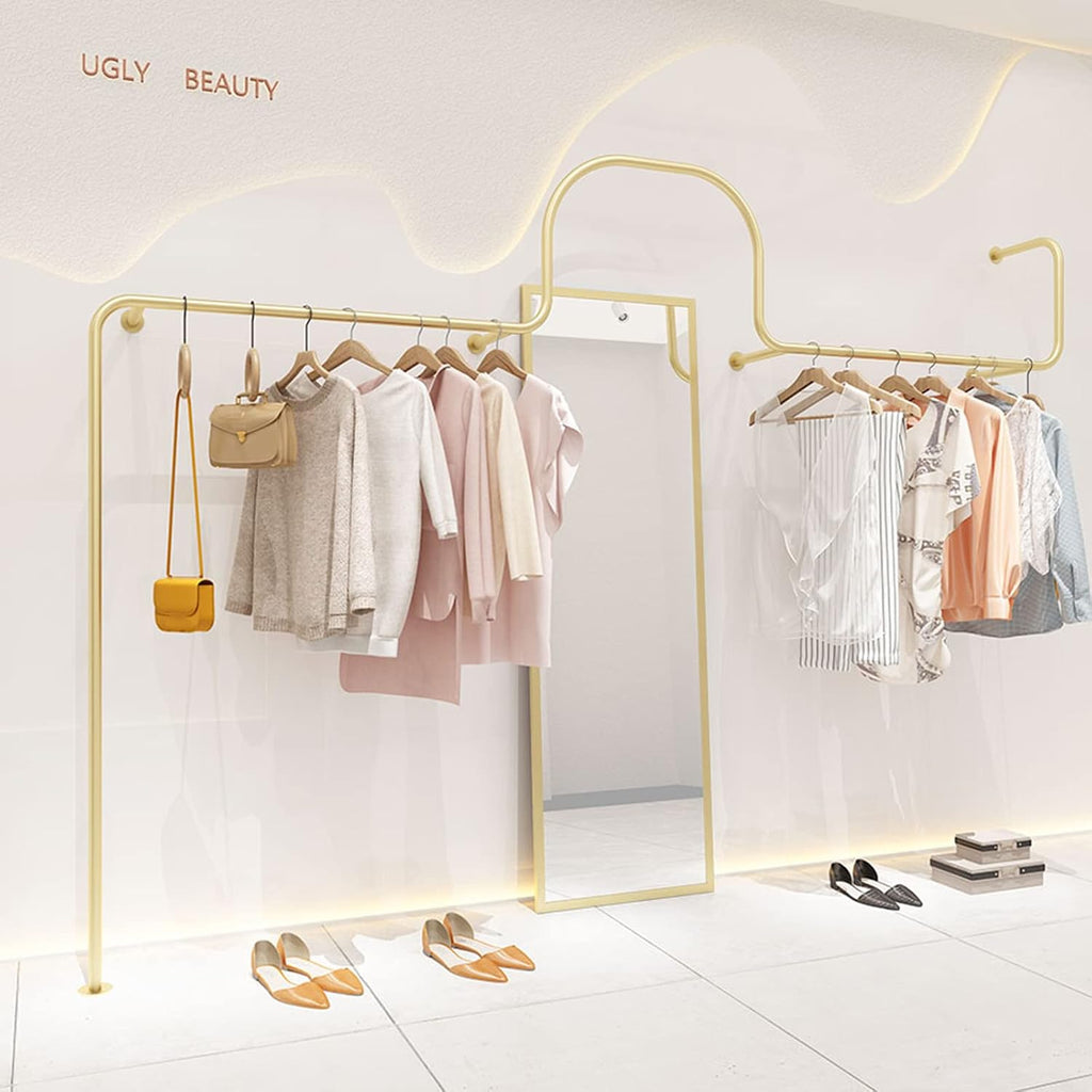 Display Rack for Women's Clothing Store,Wall Mounted Industrial Pipe Garment Rack,Metal Floor Shelf for Retail Display/Laundry/Boutique/Clothing Store (G-300cm/118in