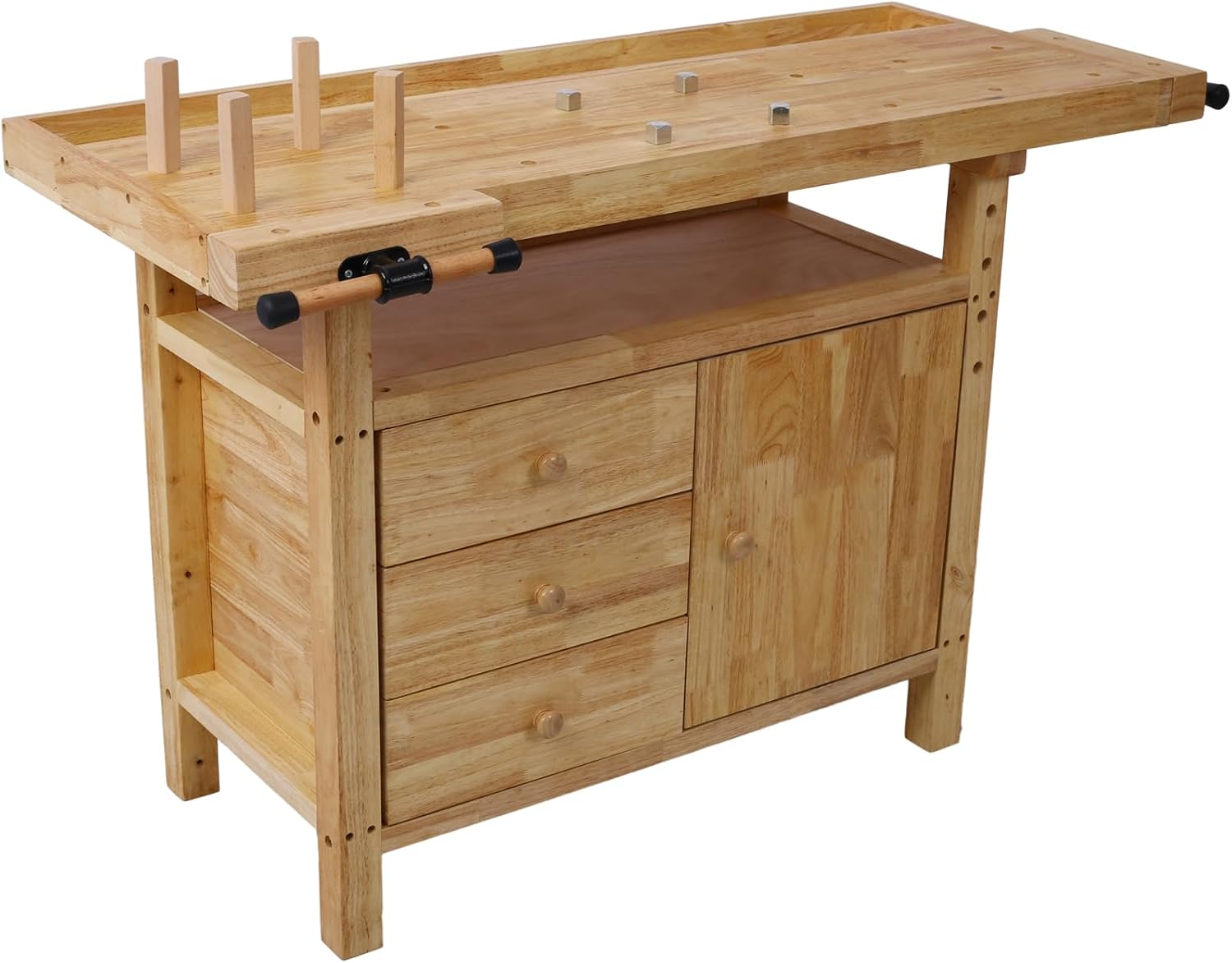 Gecheer Wooden Workbench for Garage and Workshop – Rubberwood Table with 3 Drawers, 1 Cabinet, Bar Clamps Set (2x12 + 2x24), 55'x24.4'x33.1'