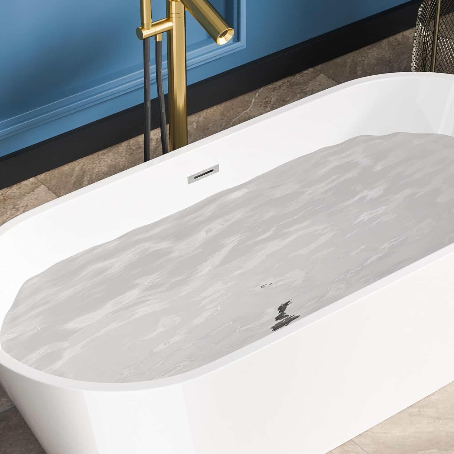 Sarlai 67 Inch Acrylic Freestanding Soaking Bathtub Contemporary Soaking White Tub Stand Alone Ergonomic Bathtub with Black Drain