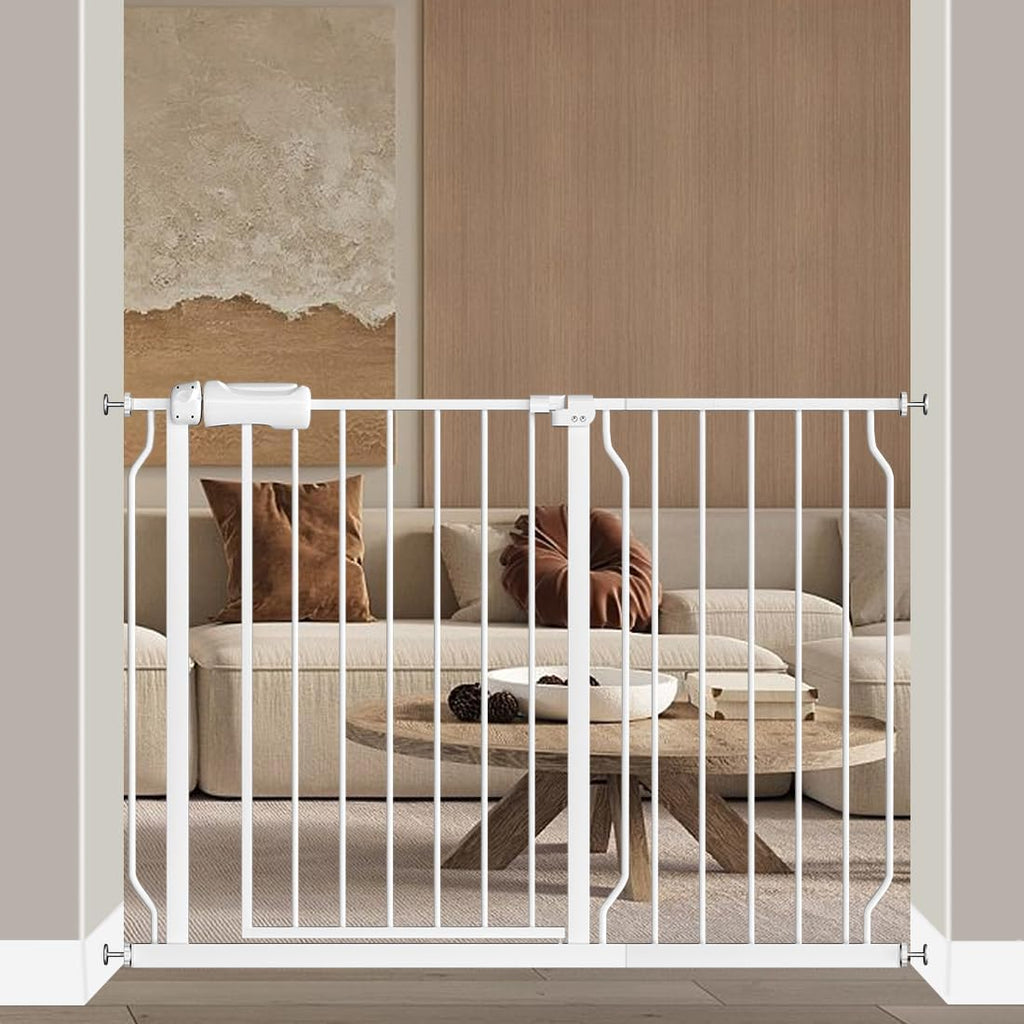 Fairy Baby 43.5-48 Inch Wide Easy Step Safety Gates for Doorways, Extra Wide Pet Gate for Dogs Puppy, Pressure Mounted No Drill Auto Close Baby Gates, Adjustable Metal, White