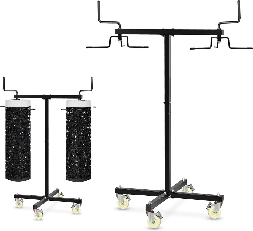 Movable Sports Net Storage Rack with Lockable Wheels, Heavy-Duty Holder for Volleyball, Tennis, Pickleball, Badminton Nets, Space-Saving Support Rack with Swivel Handle & Dust Covers