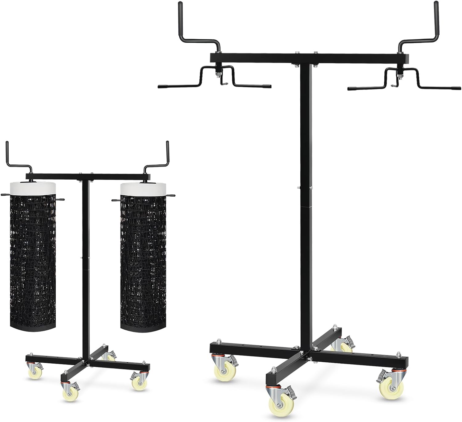 Movable Sports Net Storage Rack with Lockable Wheels, Heavy-Duty Holder for Volleyball, Tennis, Pickleball, Badminton Nets, Space-Saving Support Rack with Swivel Handle & Dust Covers