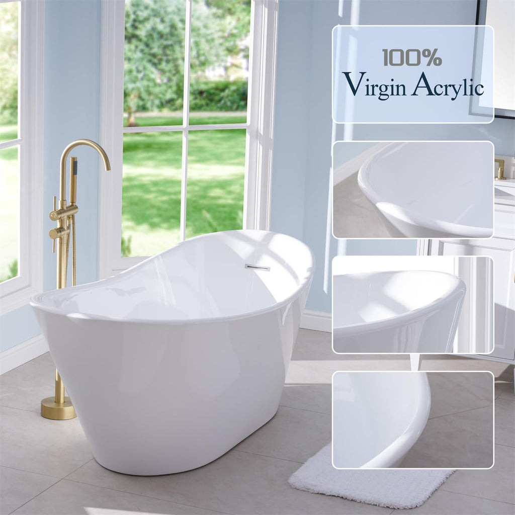 WELLFOR 67' Freestanding Bathtub, 71 Gallons Capacity, Acylic Soaking Bath Tub with Chrome Bathtub Drain and Groove Overflow, Freestanding Soaking Tub Sutiable for 1 Person, Glossy White