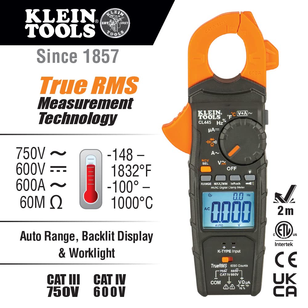 Klein Tools CL445 HVAC Clamp Meter and Klein Tools 65064 Hex Head 2-in-1 Nut Driver