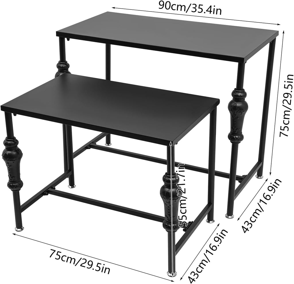 Industrial Retail Display Tables, Set of 2 Standing Clothing Shoes Display Rack, Heavy Duty Boutique Display Riser Storage Shelves, Garment Handbag Display Stand for Retail Clothing Store (Black)