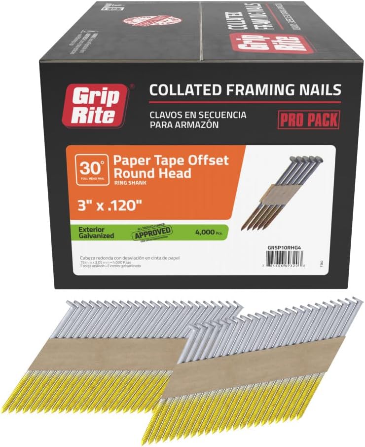 Grip-Rite 30-Degree Framing Nails - Exterior Galvanized - Clipped Head - Paper Collated Nails for Exterior Framing - 3' x .120' - 4M Box (4000 Count) - GRSP10RHG4