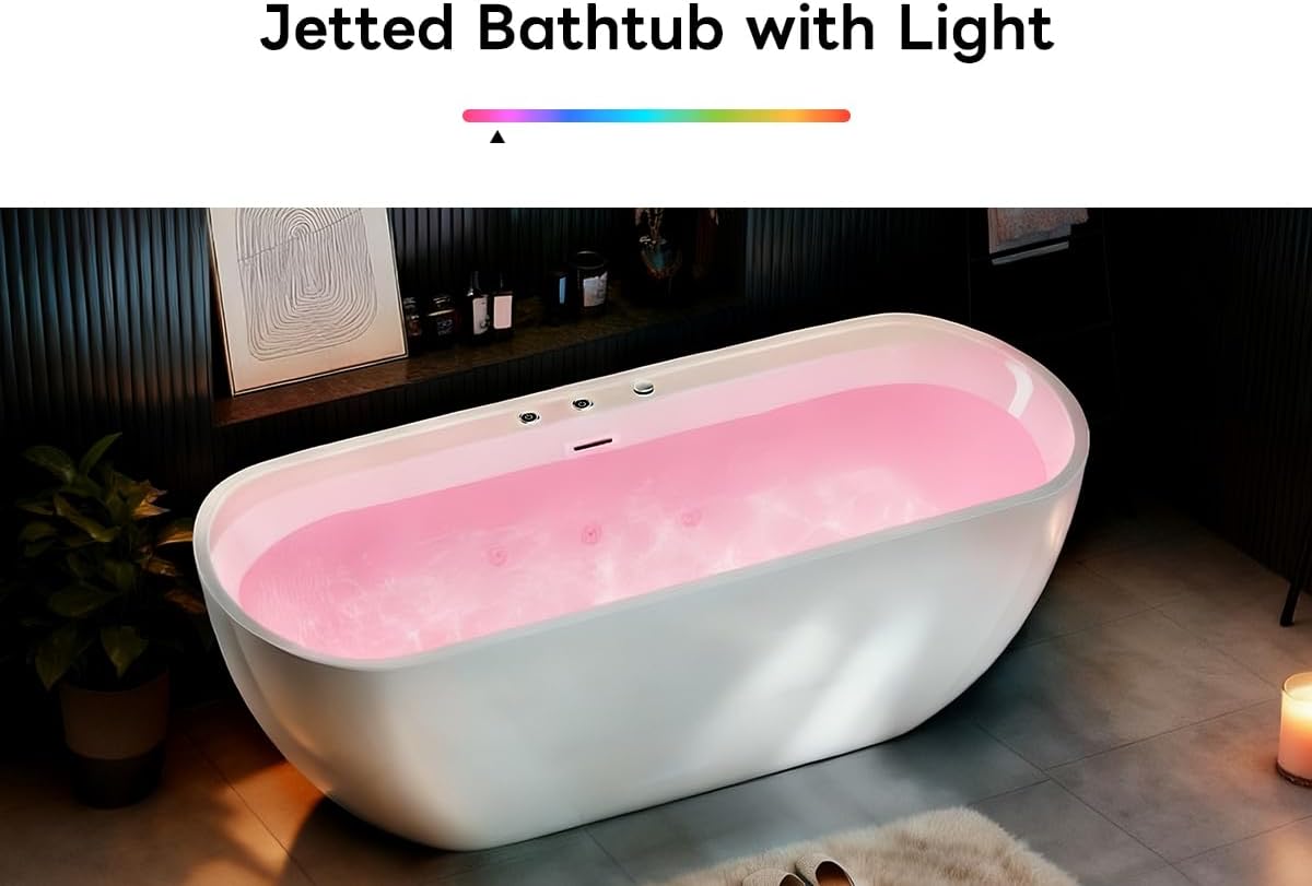 67' Freestanding Whirlpool Bathtub, Jetted Tub with 6 Hydro Massage Jets & 8 bubble bath jets, Chromatherapy Color-Changing LED Light & Pneumatic adjust system, Air Bath Soaking, Acrylic, UL Certified