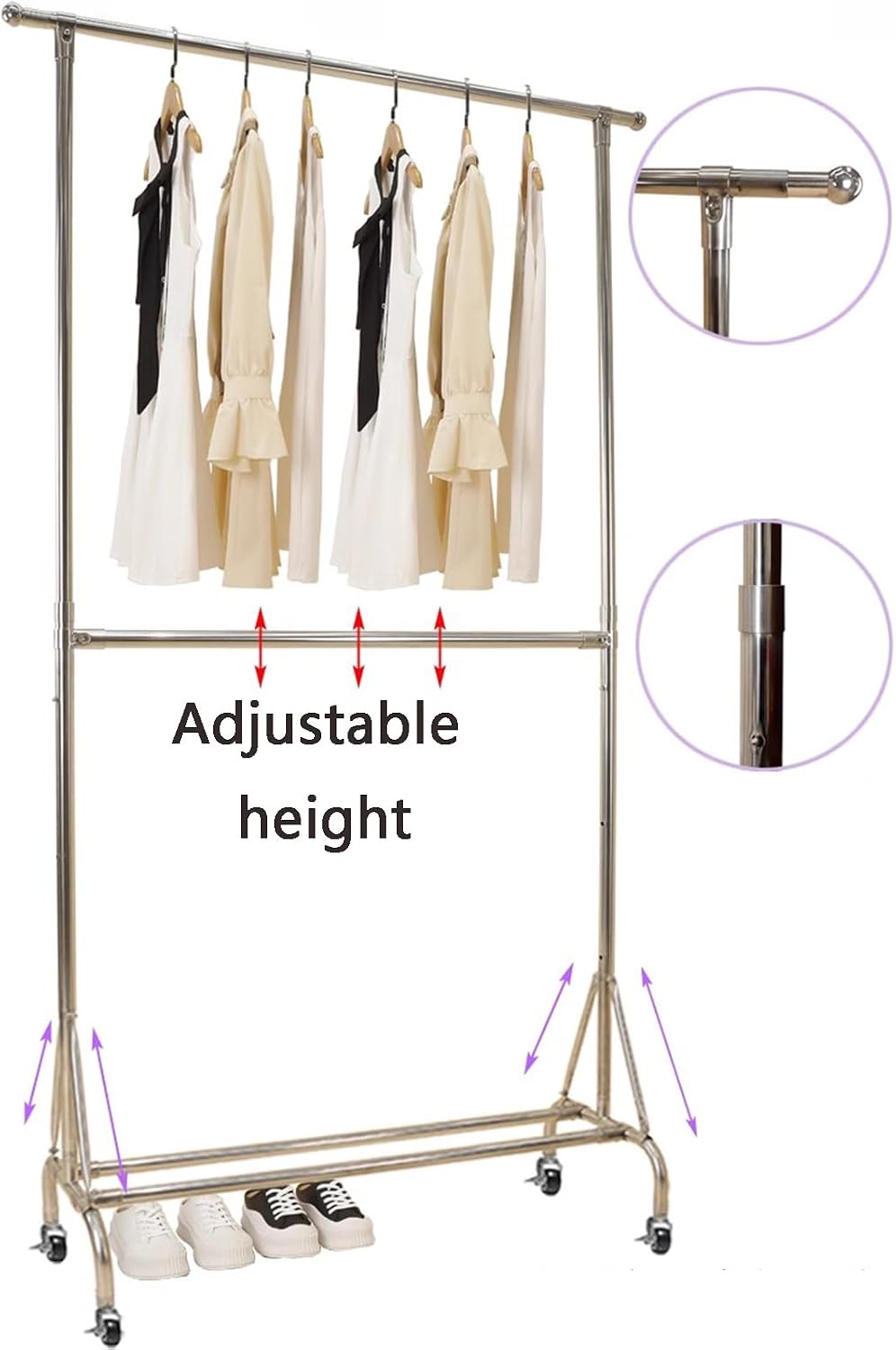 Heavy Duty Coat Rack, Garment Rack Double Rod Clothing Racks On Wheels, Silver Stainless Steel Clothes Rail, Extendable Hanging Rail, Adjustable Height, Portable Clothes Organizer for Bedroom