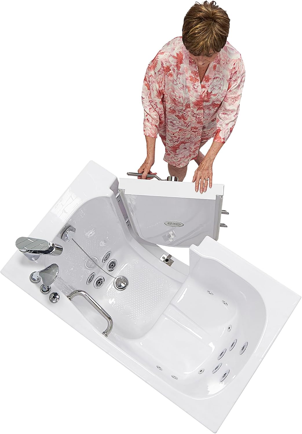 Ella Mobile 26'x45 Acrylic Hydro Massage Walk-In Bathtub with Right Outward Swing Door, Heated Seat, 2 Piece Fast Fill Faucet, 2' Drain