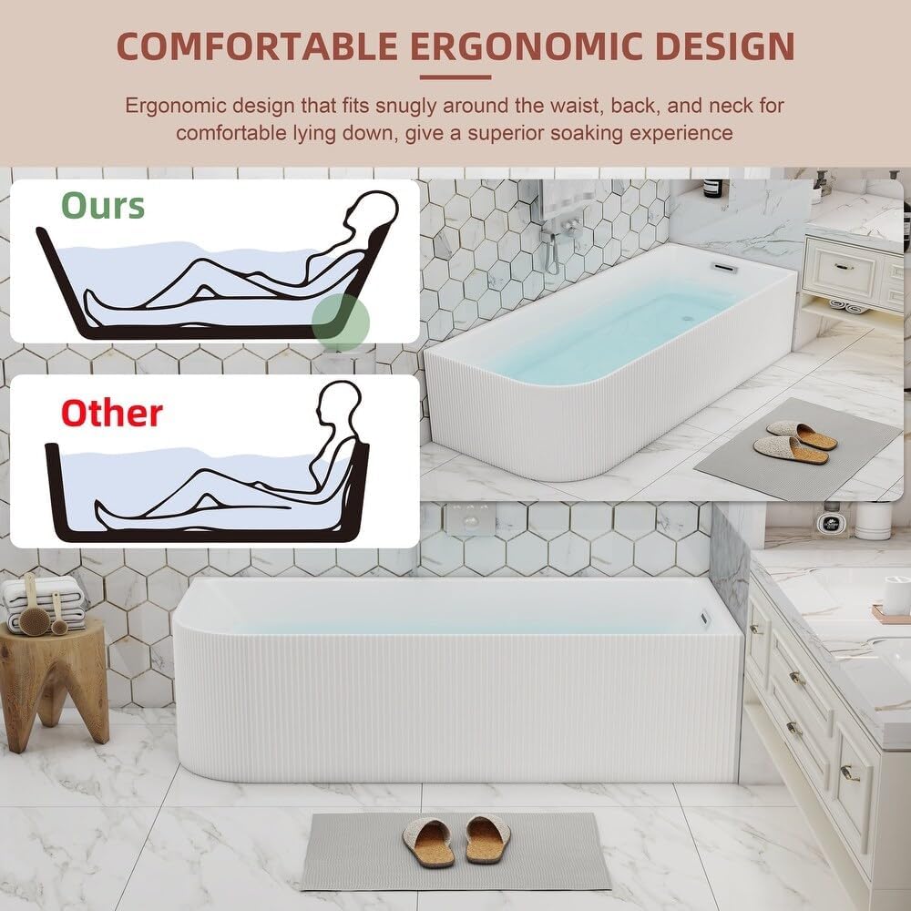 59 inch Corner Wave Style Right Drain Freestanding Soaking Bathtub, Modern Stand Alone Free Standing Acrylic Tub with Right Hand Drain & Overflow, Glossy White