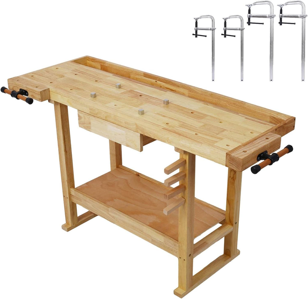 55-Inch Wood Workbench - Wooden Workbench for Garage Workshop and Home Throat for Enhanced Workshop Experience, Versatile & Spacious with Bar Clamps Set 2 pcs 12 inch x 3inch+ 2pcs 16inchx4-3/4,4pcs