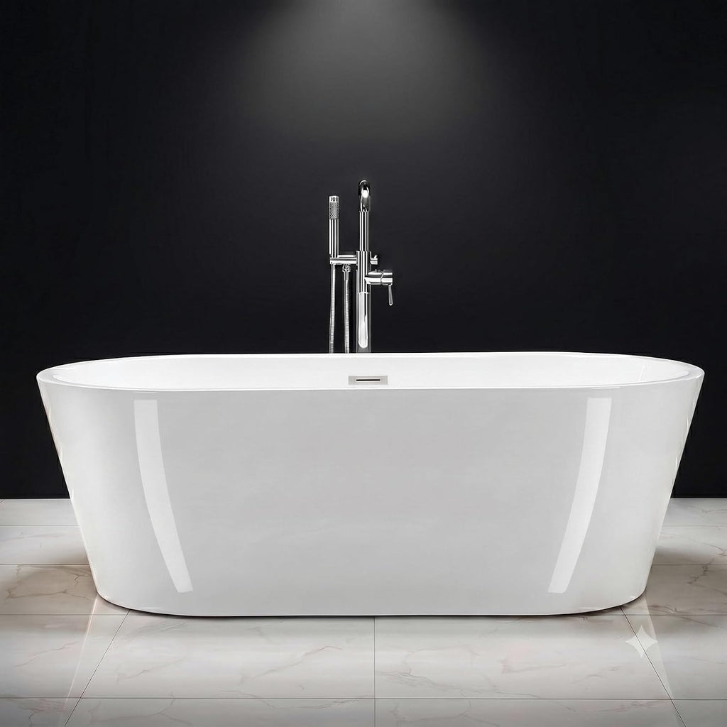 59' Acrylic Freestanding Bathtub,17.7' Deep Soaking Tub with Integrated Overflow & Drain, Non-Slip Base,CUPC Certified Free Standing Tub,Chrome Drain Bath Tub, Modern Tub for Bathrooms,Straight White