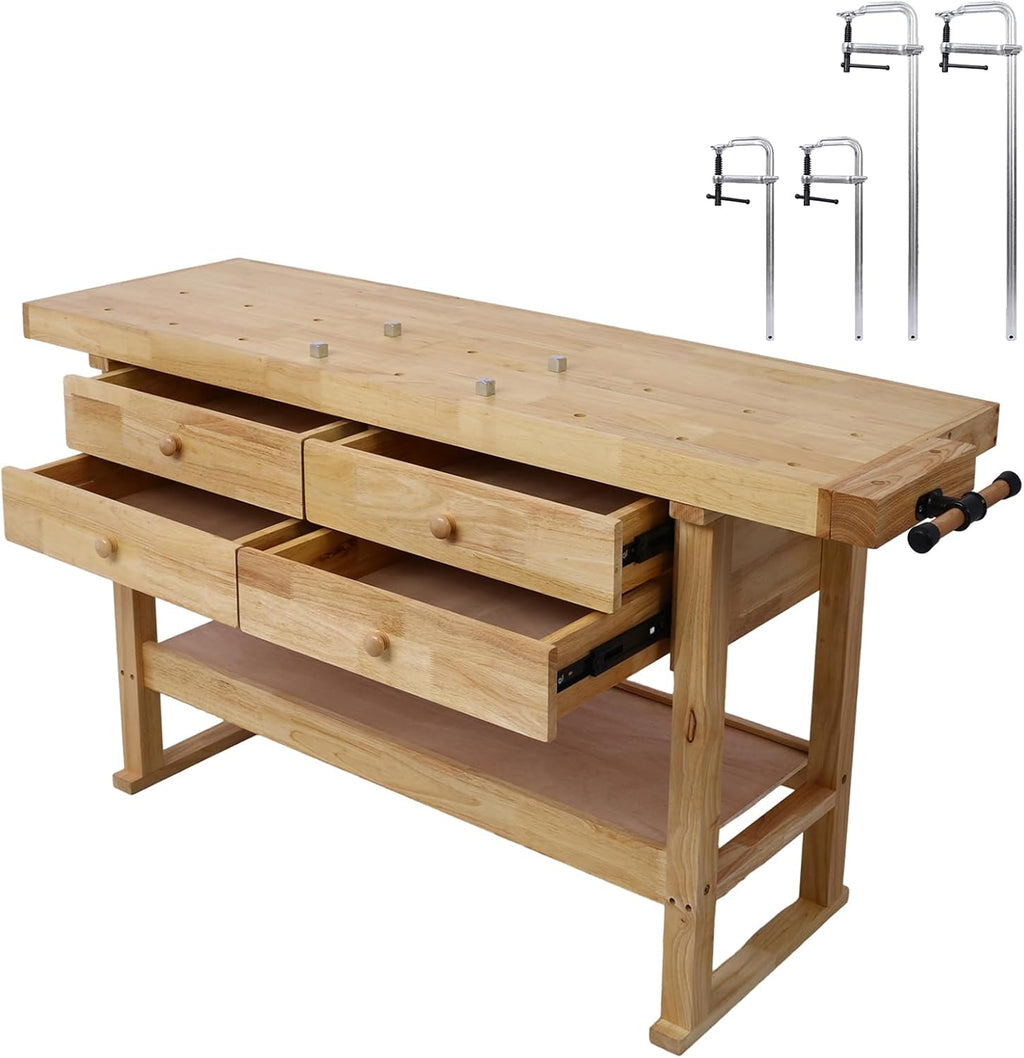 60in Workbench with 4 Drawers Wooden Workbench for Garage Workshop and Home, with Bar Clamps (4, 2 pcs 12' x 3' & 2 pcs 24' x 4.8')