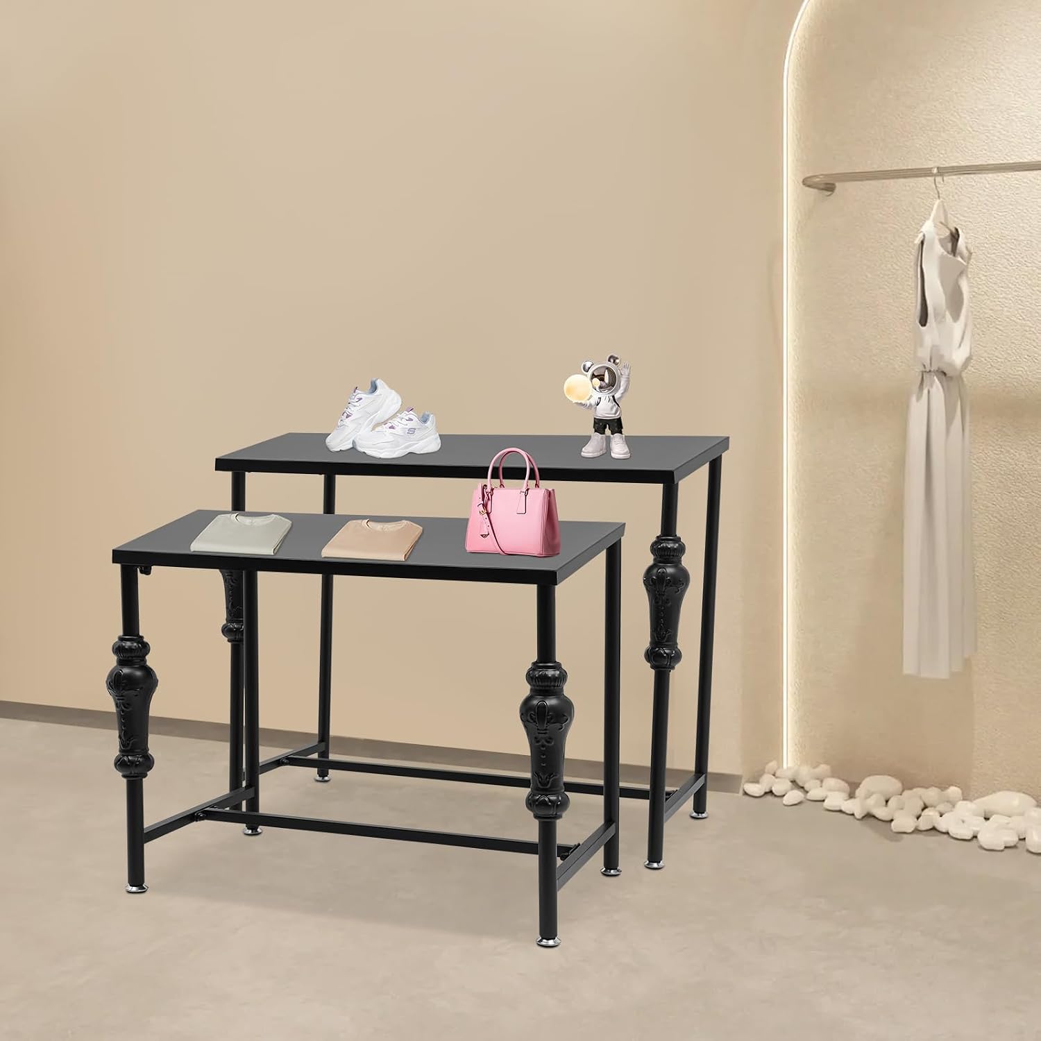 Industrial Retail Display Tables, Set of 2 Standing Clothing Shoes Display Rack, Heavy Duty Boutique Display Riser Storage Shelves, Garment Handbag Display Stand for Retail Clothing Store (Black)