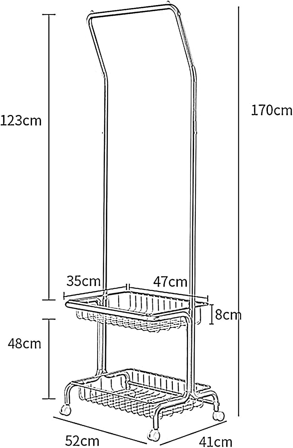Heavy duty Garment rack 2-in-1 Clothing Rack With Hanging Rod And 2 Storage Basket, Heavy Duty Metal Clothes Organizer With Wheels, Freestanding Coat Rack For Entrance And Bedroom, 52x41x170CM (Gold