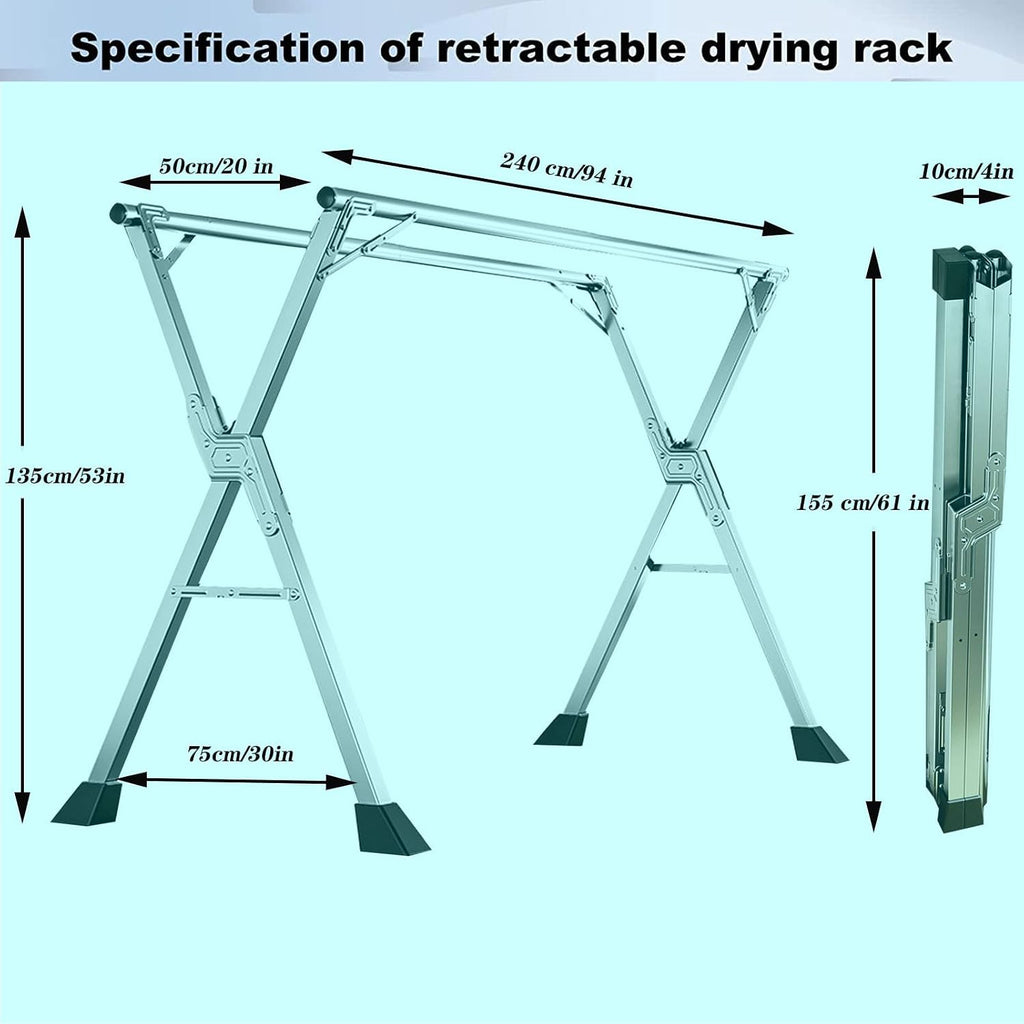 Clothes Drying Rack Folding Indoor, Garment Racks for Hanging Clothes Heavy Duty, Laundry Standing Shelf, Stainless Steel Laundry Stand, Saves Space (240cm/94 in)