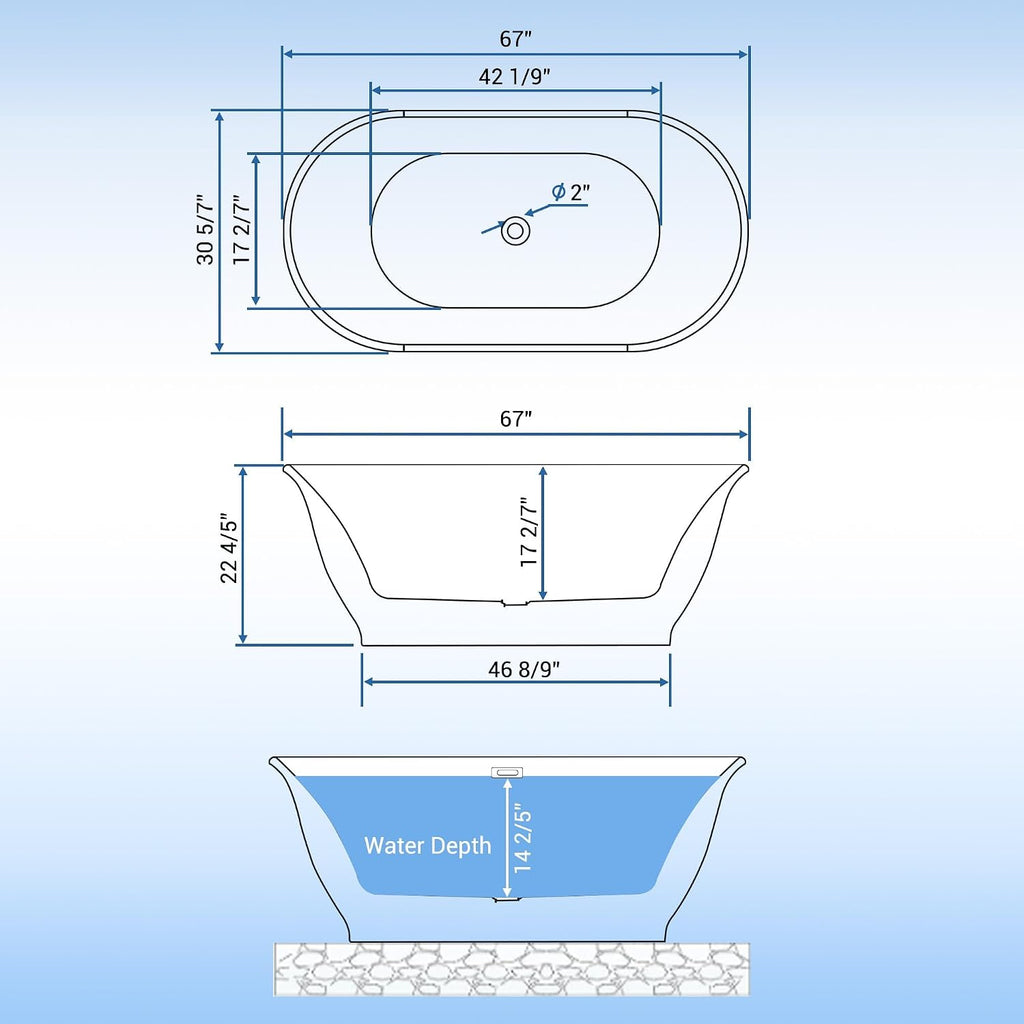 67' Free Standing Tub, Acrylic Soaking Bathtub, Stand Alone Freestanding Tub with Matte Sliver Drain and Overflow, Contemporary Bathtub for Bathroom, Grey