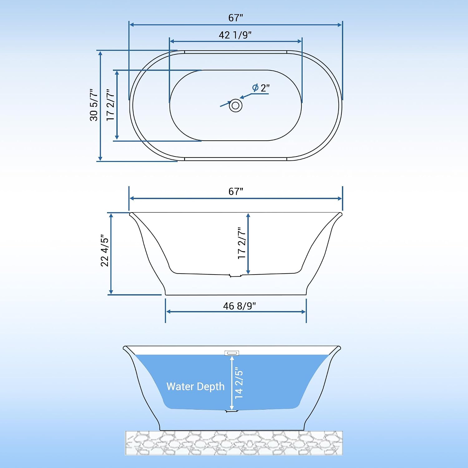 67' Free Standing Tub, Acrylic Soaking Bathtub, Stand Alone Freestanding Tub with Matte Sliver Drain and Overflow, Contemporary Bathtub for Bathroom, Grey