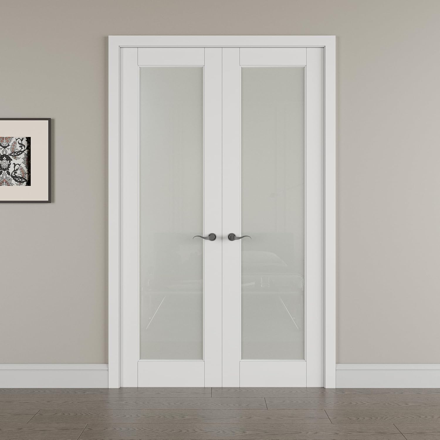 36' x 80' French Doors Interior (Double 18' x 80' Frosted Glass Door with Black Hinge Prehung Jamb Kit), Pre-Finished & Paintable, Prebuilt Home Door Panels & Assembly Required Jamb